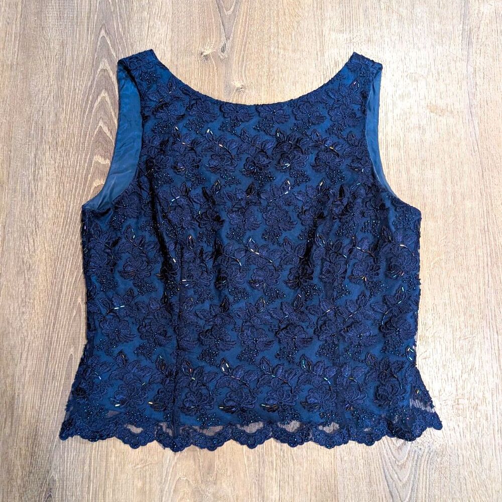 JS Collections Blue Lace Beaded Lined Scoop Neck Zip Back Tank Top Womens 12